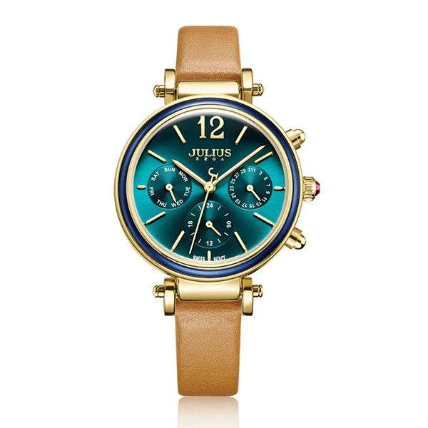 light brown watch Julius женщина три глаза многофункциональный кожаный наручные часы классический синий водонепроницаемый кварцевые платье часы Неделя 24 часа часы Reloj - Цвет: light brown watch