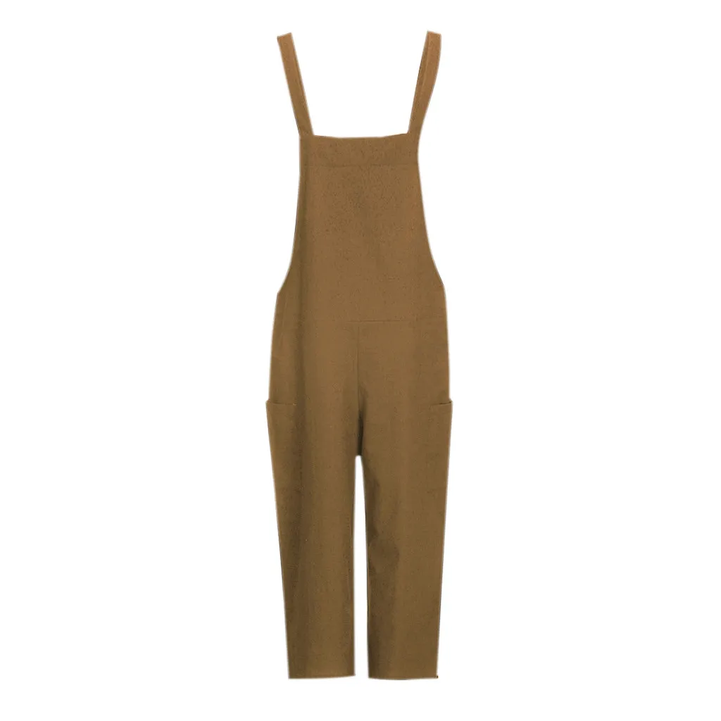 Женский комбинезон без рукавов свободный однотонный с карманами из