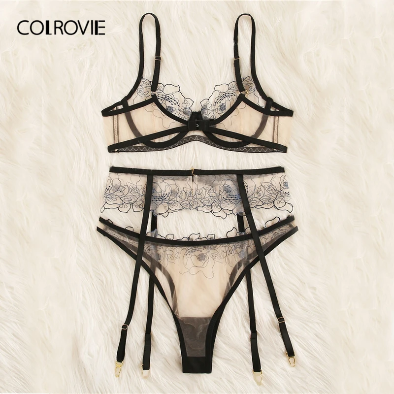 COLROVIE, цветочный кружевной прозрачный комплект нижнего белья с подвязками, женское нижнее белье,, на косточках, прозрачный бюстгальтер и стринги, комплекты нижнего белья