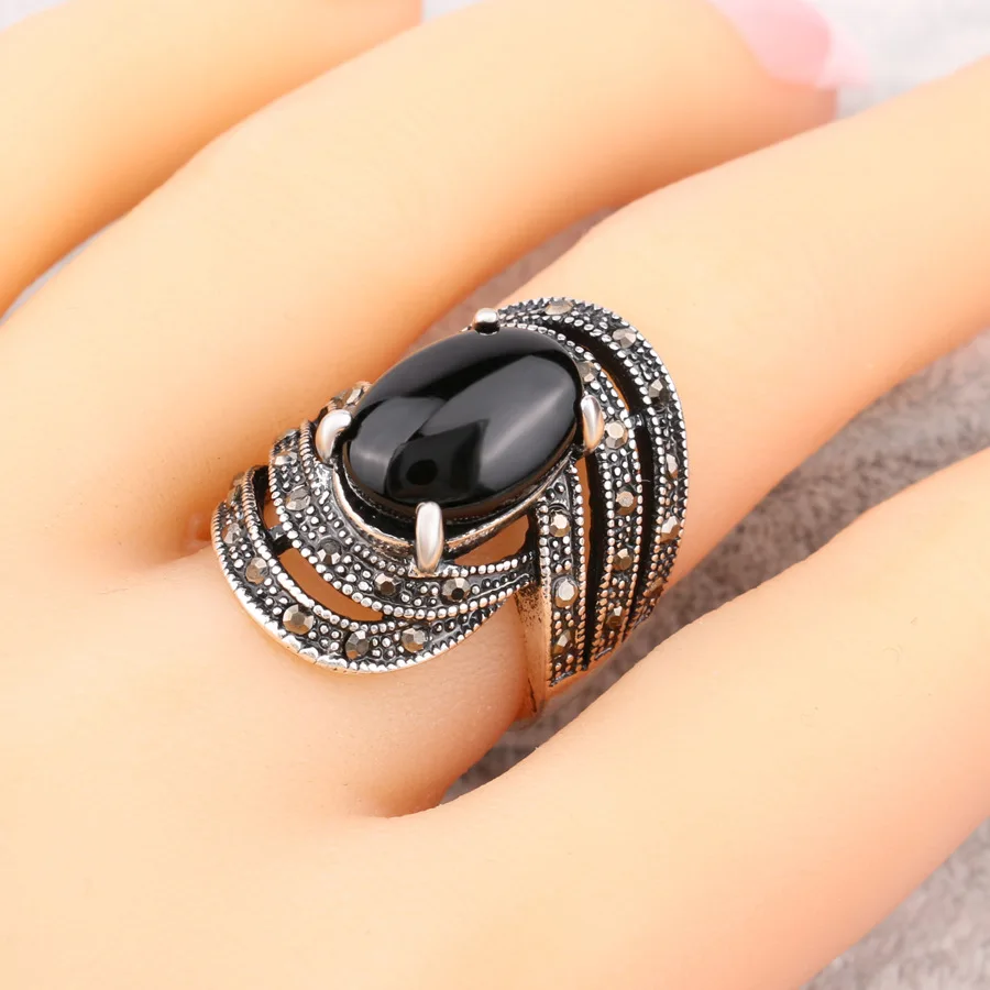 Vintage Black Crystal Opals Rings Women Retro silver color jewelry Ring punk Bijoux anel masculino bague femme Bulgaria rings | Украшения и