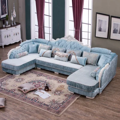 Синий Европейский стиль ткань диван комбинация u-образный небольшой гостиной твердой древесины угловой диван двойной шезлонг стиль диван 1 шт - Цвет: Синий