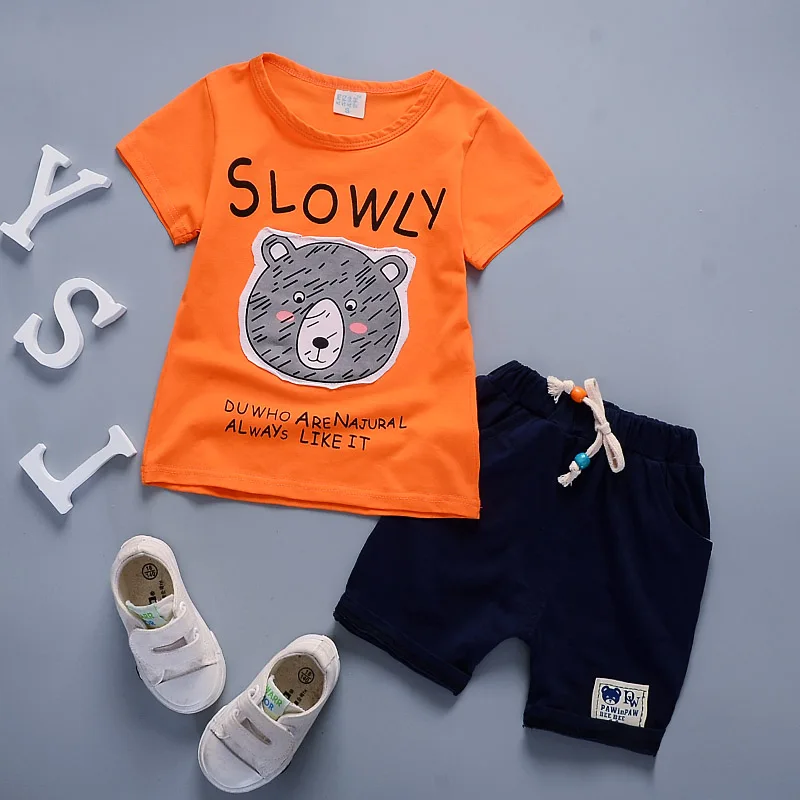 Newborn Fashion Summer Boy Cartoon Bear Bike Pattern Short Sleeve T-shirt Shorts Trousers 2Pcs Clothes Set |