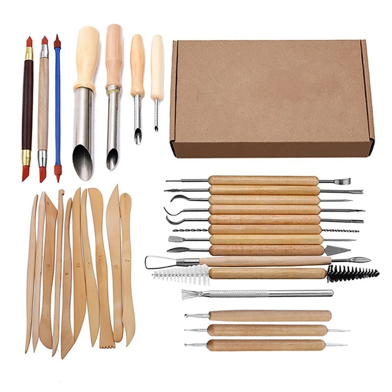 

SHGO HOT-31Pcs Arts Crafts Clay Sculpting Tools Set Carving Tool Kit Pottery & Ceramics Wooden Handle Modeling Clay Tools