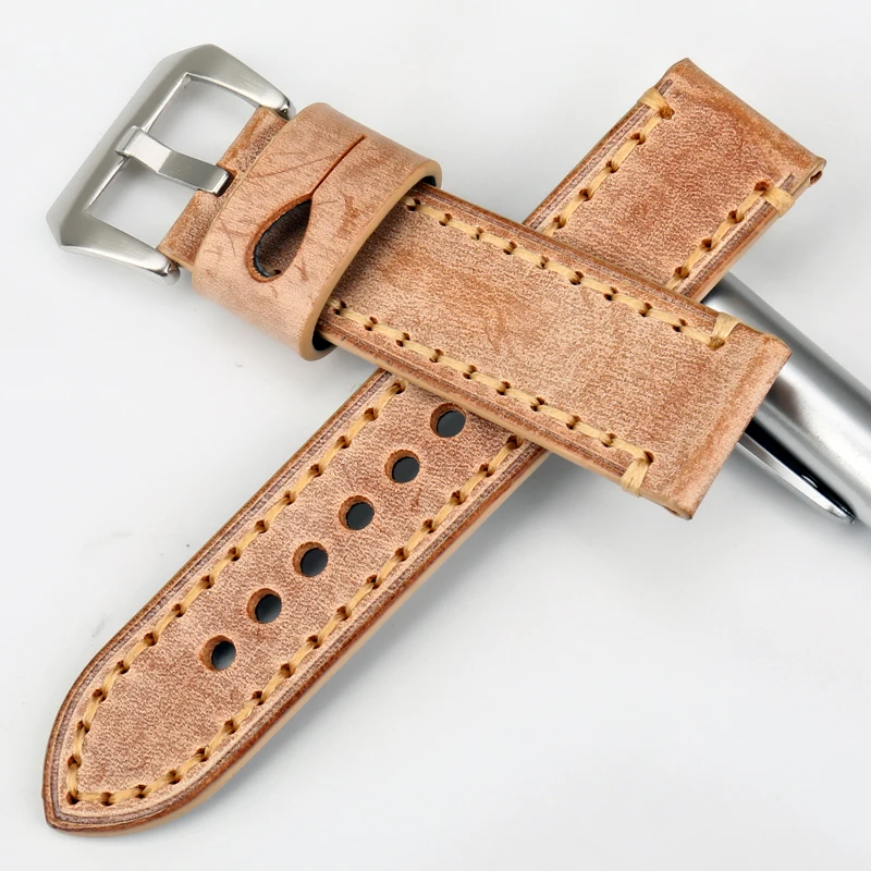 

MAIKES New 22mm 24mm watchbands vintage orange leather watch strap watch accessories Italy bridle leather for Panerai watch band