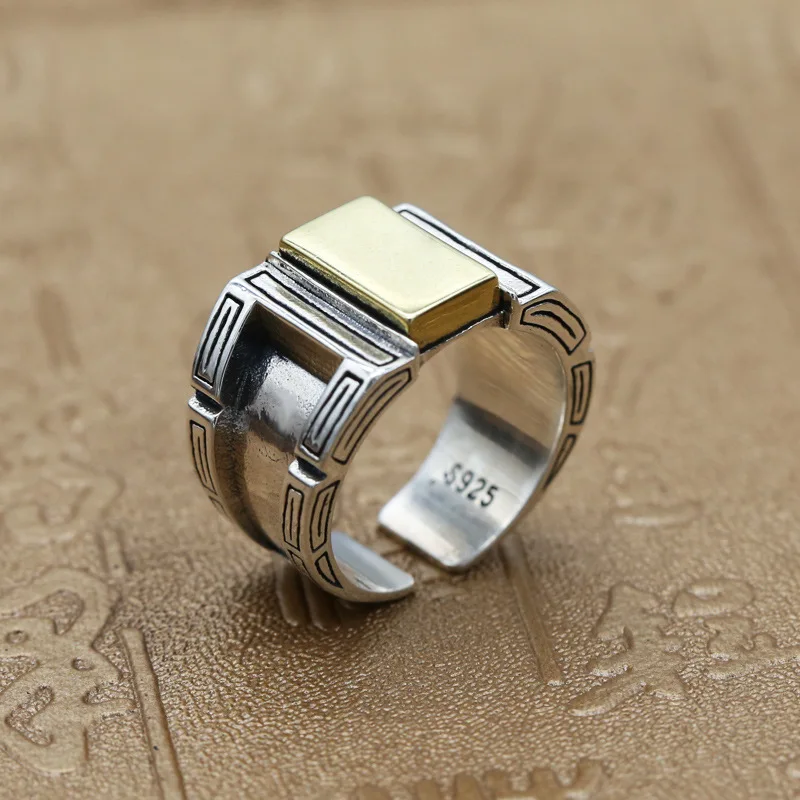 925 Sterling Silver male character exaggerated copper inlaid ring