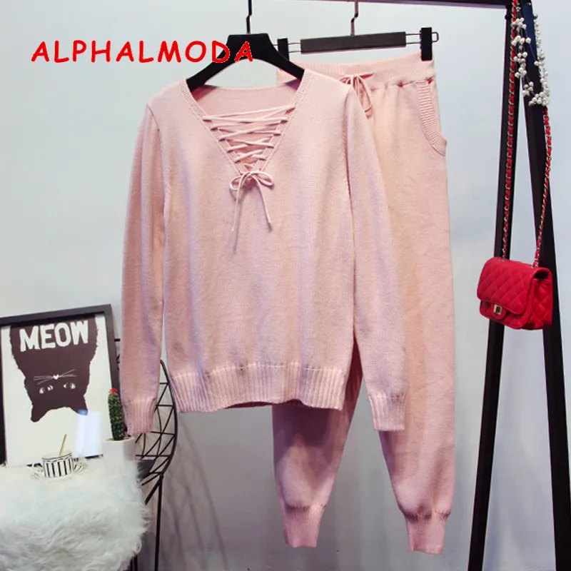 Женский вязаный костюм ALPHALMODA свитер со шнуровкой и v образным вырезом длинными