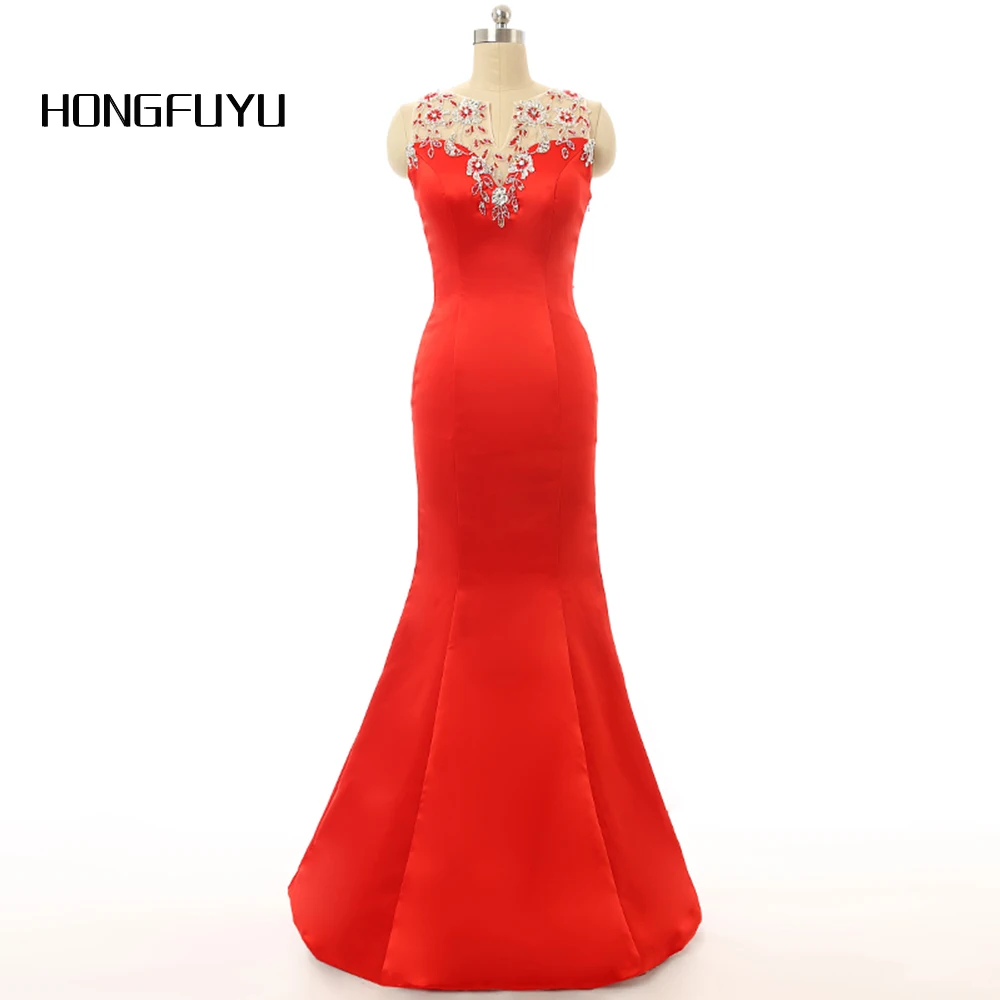 

Mermaid Red Satin Prom Dress 2021 Scoop Sleeveless Floor Length Appliques Beads Prom Dresses Vestidos De Festa Prom Dress z92106