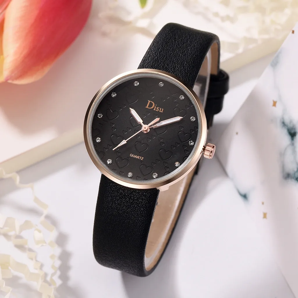 Disu Fashion Top Brand Lady Watch Frosted Dial Heart Shape Pattern Leather Belt Women Clock Quartz Wrist Watches orologio donna | Наручные