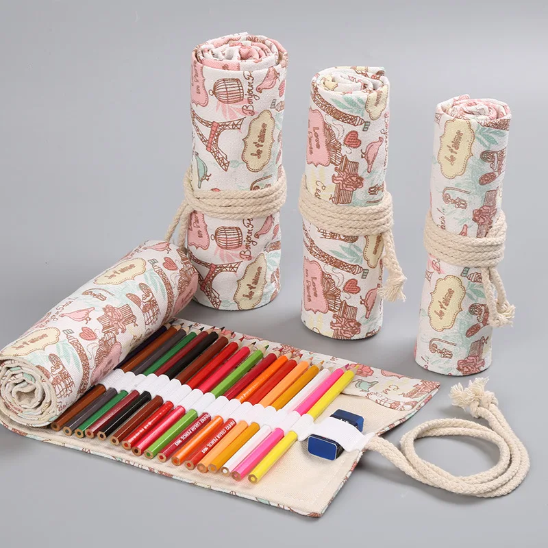 

Pencil Case 36/48/72 Eiffel Tower Pen Bag Canvas Holes Roll Up Pencil Bag School Supplies Stationery Round Storage Pouch Kawaii