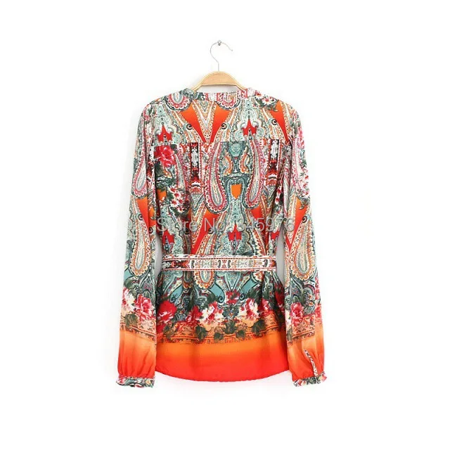 New 2018 Women Vintage Ethnic Totem Floral Print Orange Sashes Blousa Blouse Woman V Neck Casual Slim Shirt Tops |