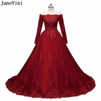janevini elegant long burgundy bridesmaid dresses tulle boat neck lace applique princess ball gown formal prom gowns sweep train