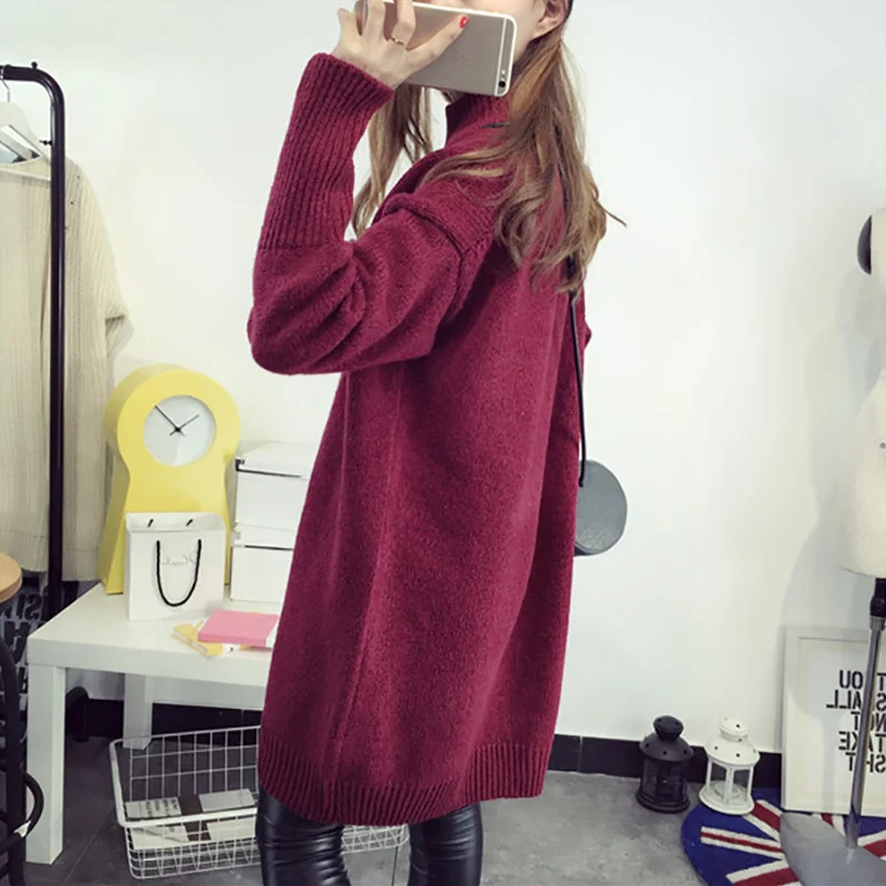 Solid Turtleneck Women Knitted Sweater Dress Long Sleeve Pullovers Loose Over Size Casual Warm Jumper 2020 Fall Woman Top | Женская