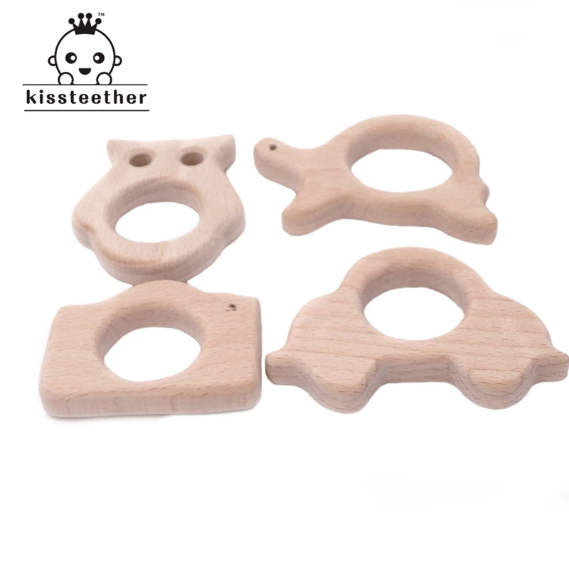 Baby Wooden Teether Gift DIY Baby Teether Toys Organic Natural Beech Wooden Camera-Tortoise-Car-Owl Hand Cut Grasping Toys