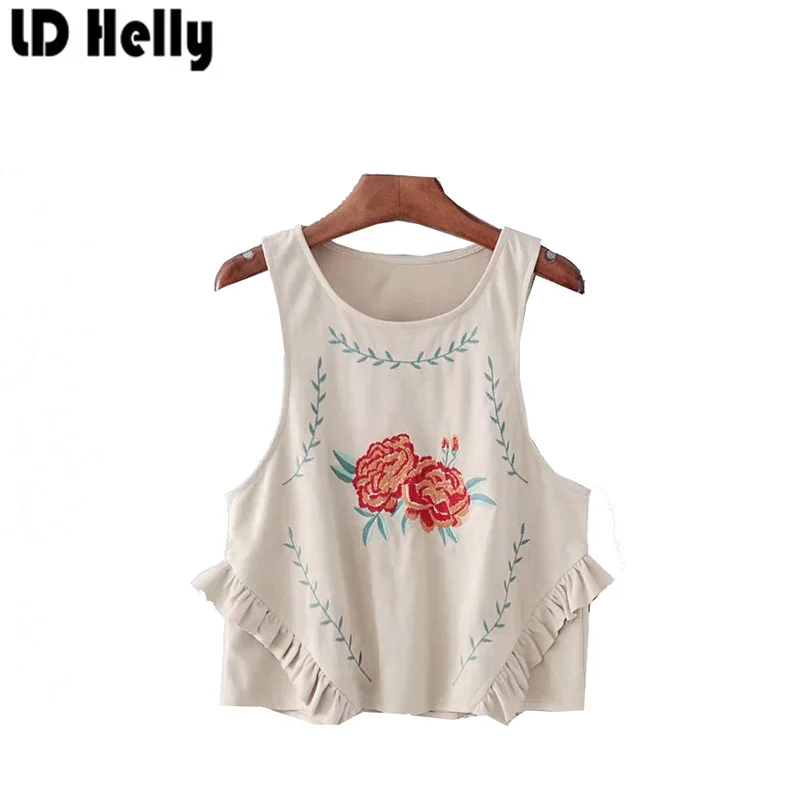 LD Helly Summer Women Sweet Ruffles Floral Embroidery Suede Short Blouse O-Neck Sleeveless Crop Tops Female Shirt Blusas Mujer |