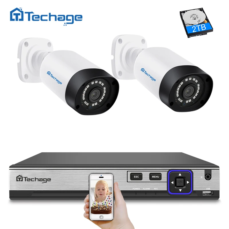 Techage H.265 4CH комплект системы охранного видеонаблюдения 4MP безопасности Камера