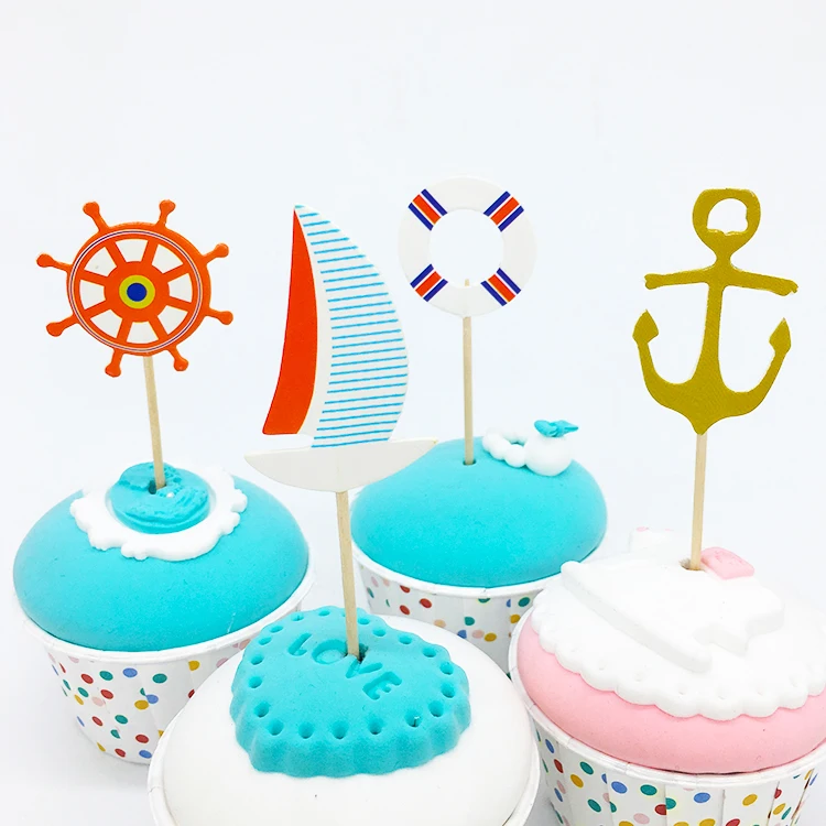 24 шт./лот парусная лодка и Якорь Дизайн торт/капкейк топперы мультфильм