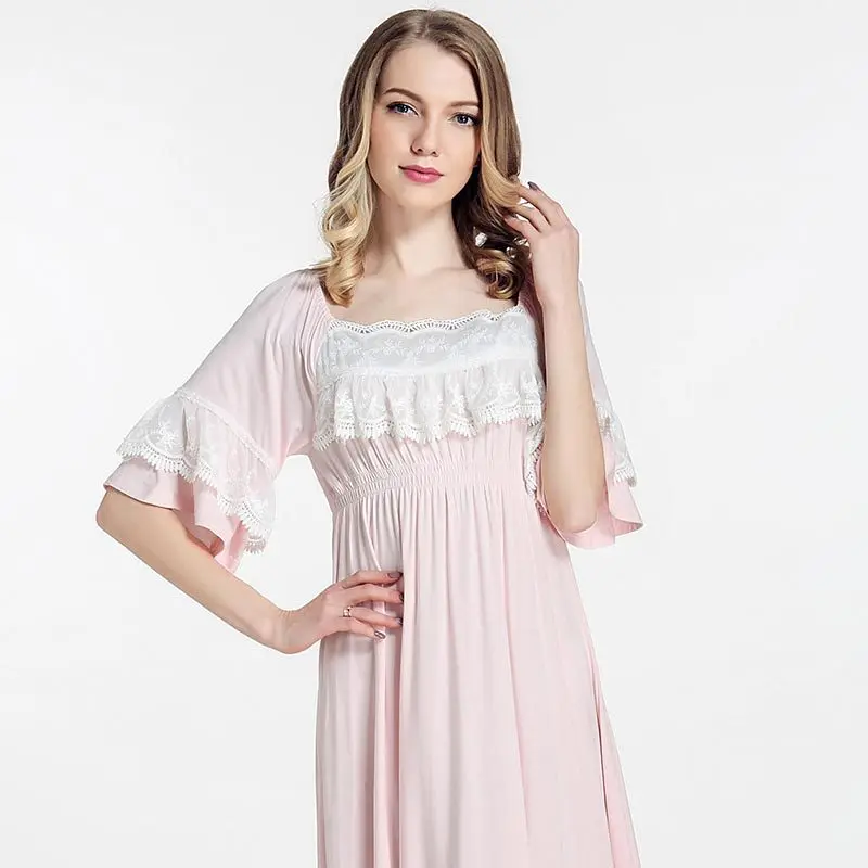 

Woman Nightgowns Summer Lace Half Sleeve Knitted Sleepwear Square Collar White Pink Nightdress Female Home Wear D17022