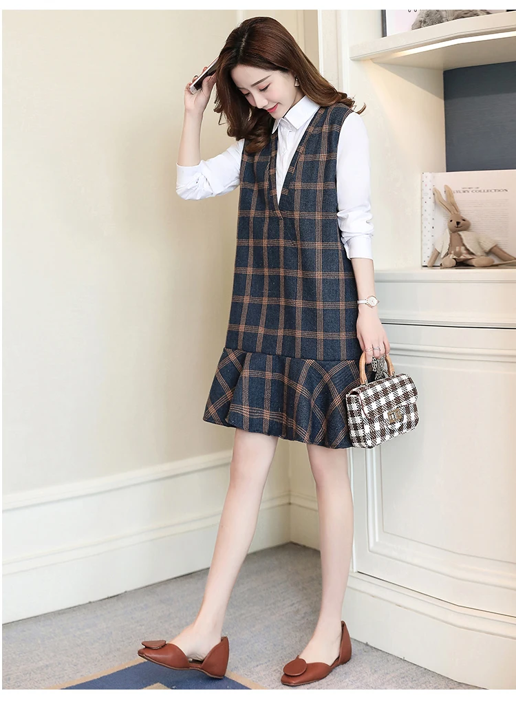 Maternity wear spring plaid stitching shirt collar loose fashion maternity dress women dress Long sleeve Cotton Pregnant Dress
