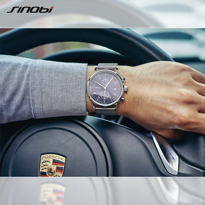 Sinobi Мужские часы модные спортивные кварцевые нержавеющая сталь сетка бренд