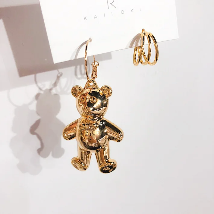 Корея модный мультфильм медведь металлический круг асимметричные серьги-подвески для женщин модные ювелирные изделия животное золотого цвета Pendientes подарки