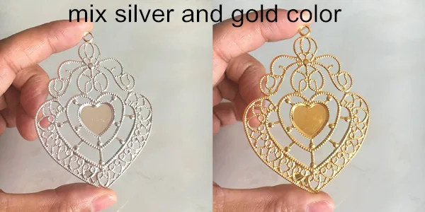 mix silver gold 50 шт филигранный поднос с подвеской в виде сердца для кабошона 57*75 мм(внутренний 15 мм), металлическая филигрань для изготовления украшений, золото, серебро - Цвет: mix silver gold