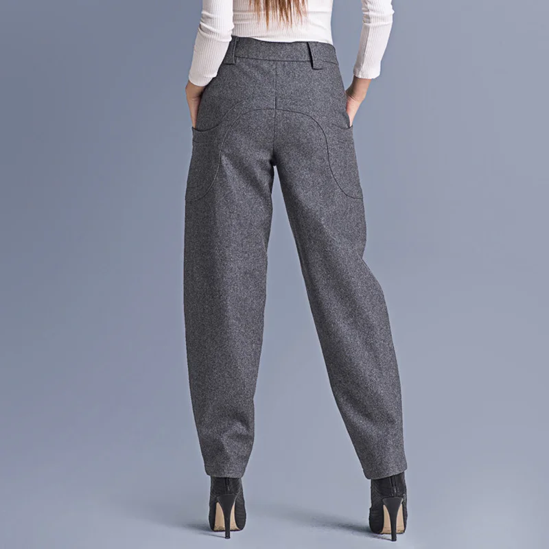 WQJGR 2021 News Winter Wool Haren Pants Woman High Waist Gray and Black Plus Size Long Trousers