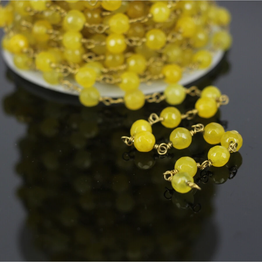 

5Meter,Yellow Chalcedony Agate Faceted Round Bead Chain,Brass Wire Wrapped Rosary Chain Necklace bracelet Jewelry Findings