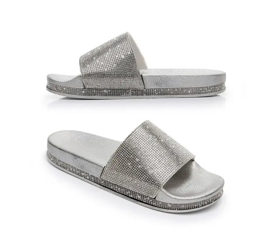 Women Slides Casual Fashion Babouche Sequined Crystal Rhinestone Peep Toe Thicken Soled Slipper Sandals Flat Loafers Shoes T629 | Обувь