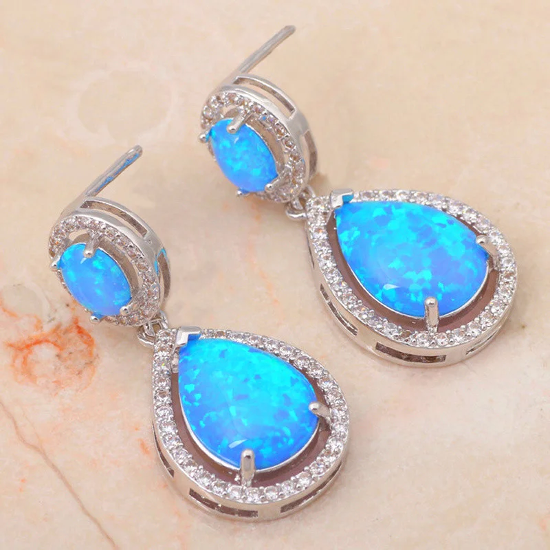 Женские серебряные висячие серьги с голубым огненным опалом бижутерия OE280A |