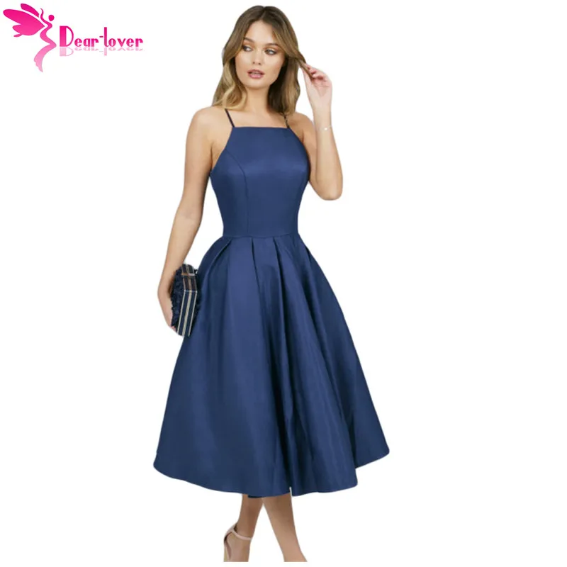 Dear Lover A Line Dress Elegant Summer Party Navy Blue Spaghetti Strap High Neck Midi Solid Color Vestidos Mujer LC610866 | Женская