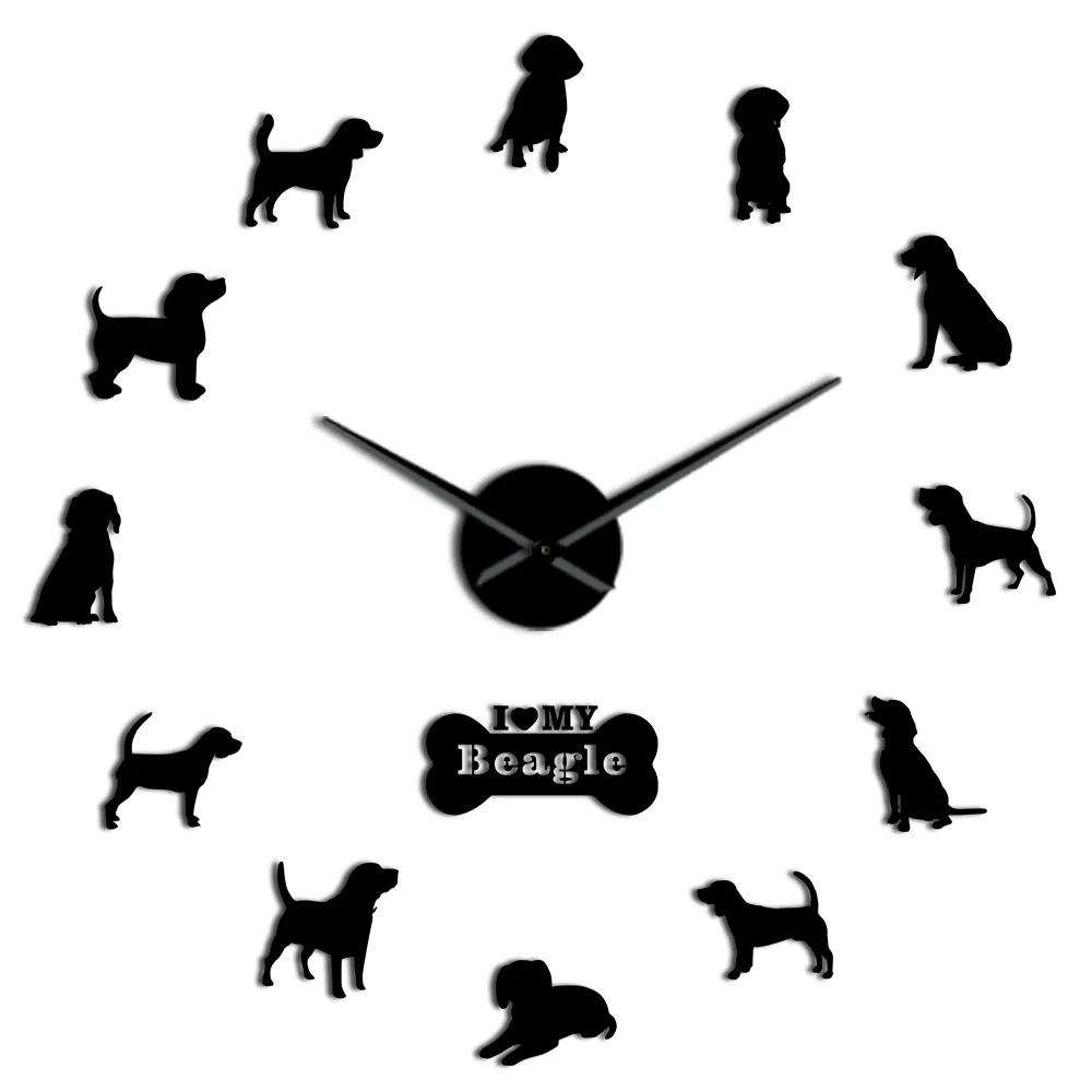 Marshall Beagle Портретные негабаритные 3D DIY настенные часы для любителей собак кварцевые акриловые Зеркальные Стикеры часы с батарейками - Цвет: Black