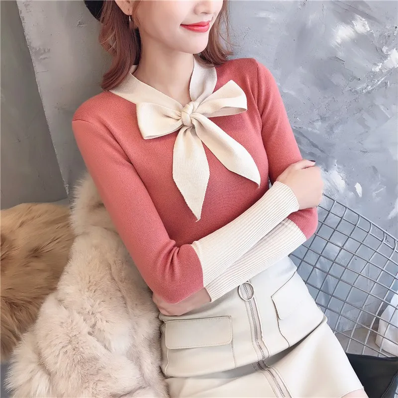 Women Long Sleeve Bow Sweater Fashion 2019 Korean Ruffled Collar Pullover Female Slim Knitted | Женская одежда
