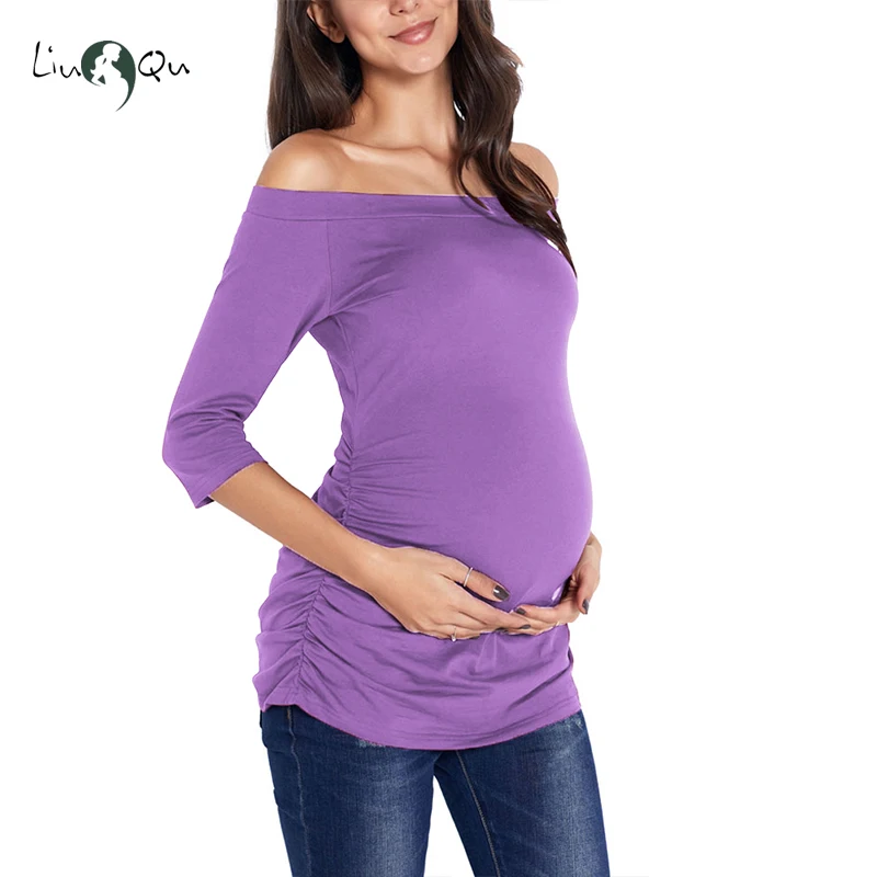Womens Pregnancy Off Shoulder 3 Quarter Blouse Striped Top Maternity Clothes Slash Neck Pregnancy Womens Clothing ropa mujer
