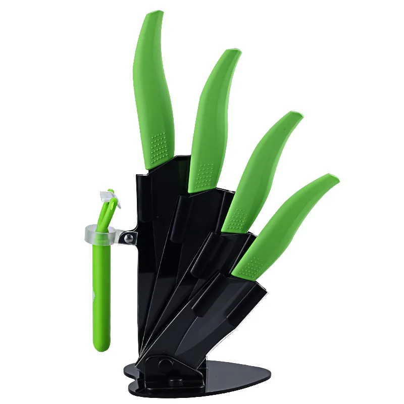 Green knives set Кухня Керамика ножей с держателем, комплект из 6 штук, " кожура 4" " 6" нож шеф-повара циркония Керамика с чёрным лезвием, Пособия по кулинарии ножи - Цвет: Green knives set