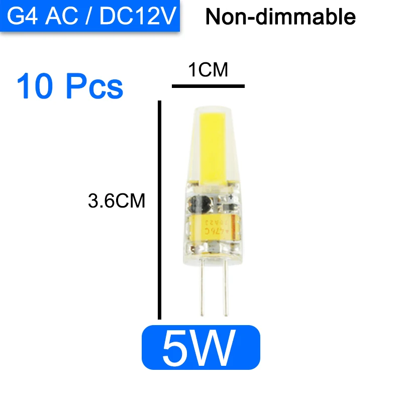 G4 5W ACDC12V 10Pcs 10 шт. COB затемненный светодиодный G4 светильник G9 светодиодный светильник 220V AC DC 12V светодиодный G9 3W 5W 6W SMD 2835 Светодиодный светильник ing заменить галогенные точечный светильник - Испускаемый цвет: G4 5W ACDC12V 10Pcs