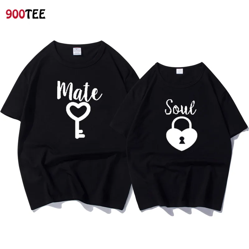 Парная футболка для влюбленных, футболка с принтом Soul mate, женская футболка с коротким рукавом и принтом ключей, женская черная брендовая одежда для пар