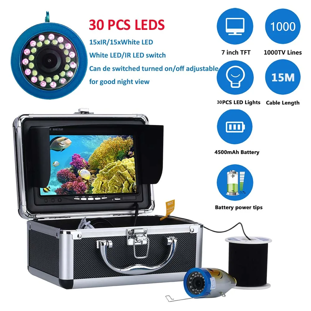 

15/30/50M HD 1000TVL Fish Finder Underwater Ice Fishing Video Camera Kit 7" LCD Monitor 30 Controllable LEDs For Free Shipping