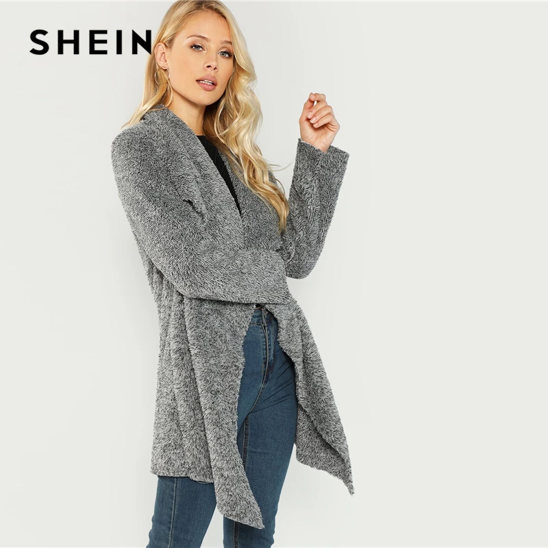 SHEIN Стильный Кардиган На Запах Легкое Пальто Из Эко Меха Кардиган Тедди С Длинным Рукавом