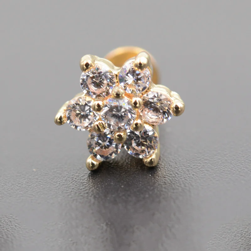 Gold Flat End 2 шт 1,2x6 мм Цветок Циркон цветы губы кольцо пирсинг Лабрет Козелок Уха Пирсинг хирургическая 316 нержавеющая сталь ювелирные изделия для тела - Окраска металла: Gold Flat End