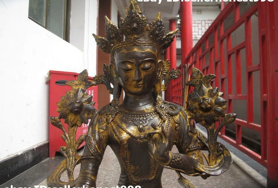 28 тибетская буддистская стандартная бронзовая медная позолоченная статуя Кван