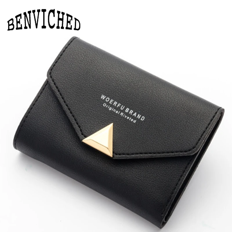 

Новинка 2021, женский короткий кошелек benviching, однотонный простой художественный и маленький кошелек с пряжкой и застежкой, многофункциональн...