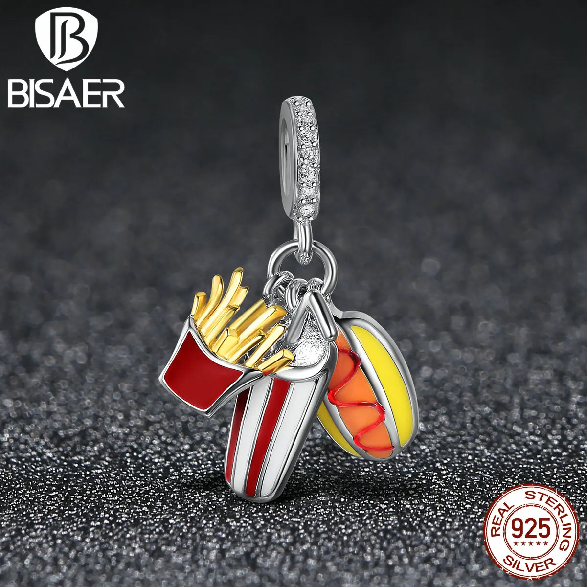 BISAER, 925 пробы, серебро, вкусная еда, Хот дог, попкорн, милые Очаровательные Подвески, оригинальные браслеты и ожерелья ECC347