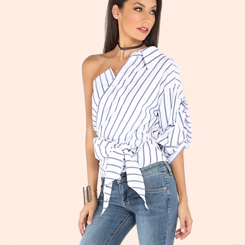 Блузка женская летняя с длинным рукавом и бантом|blouses women tops|blue striped blousewomen blouses |