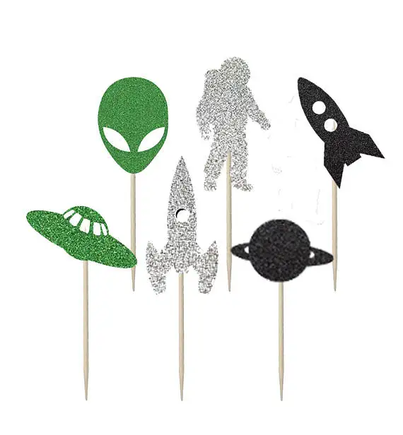 

Glitter space man alien Birthday Cupcake Toppers baby shower baptism wedding Party toothpicks