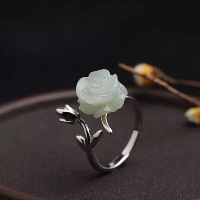 925 pure silver ring women natural and Tian Baiyu rose carving open jade fashion personality temperament jewelry | Украшения и