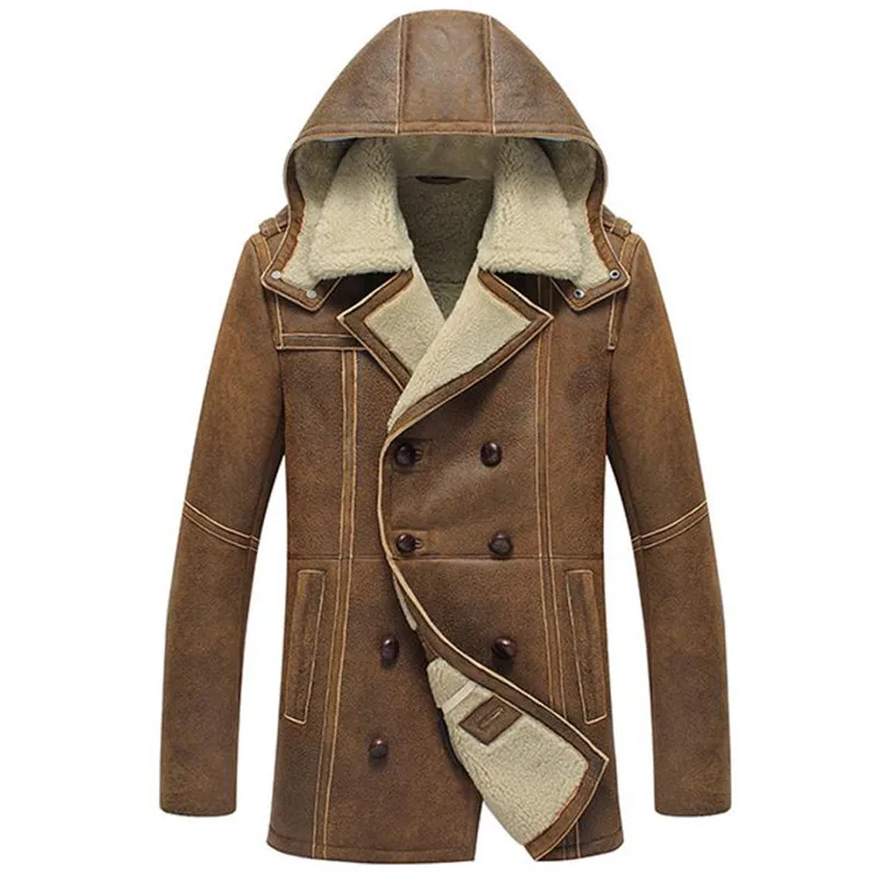 Koop Denny & Dora Mens Shearling Hooded B3 Jas Lange Regelmatige Fit Jas B2 Militaire Stijl Schapenvacht Lederen Jas