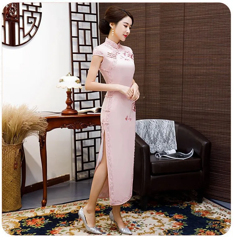 Sheng Coco размера плюс Королевский синий китайский шелк Qipao атлас Cheongsam платья Длинные Кружева Окаймленный воротник Qipao 4XL вышитые цветы