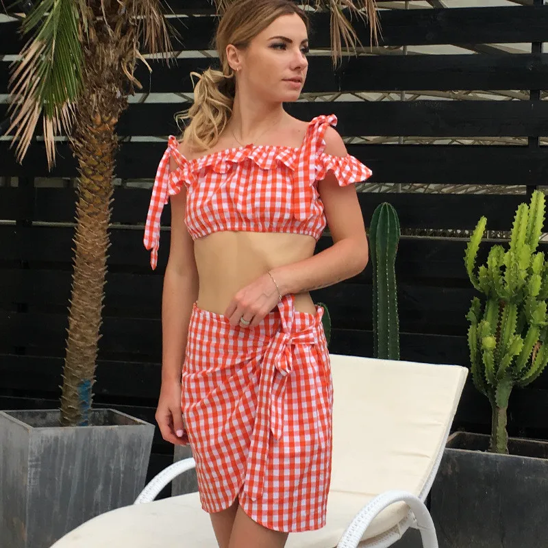 Плед косой вырез с оборками топы Крест ассиметричная юбка комплект Для женщин