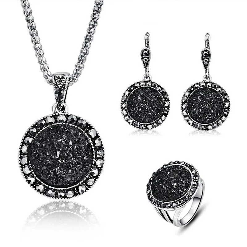 1 комплект кольцо и сережки с черными круглыми камнями ювелирный набор белый круг