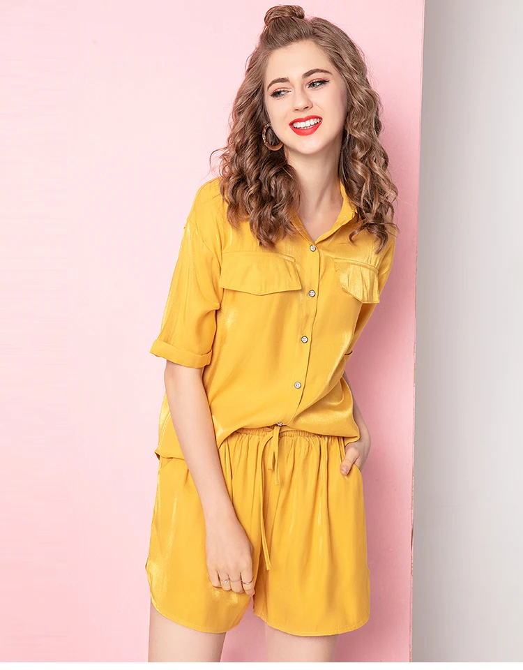 Женские модные шелковистые костюмы Cupro рубашки и шорты с эластичным поясом